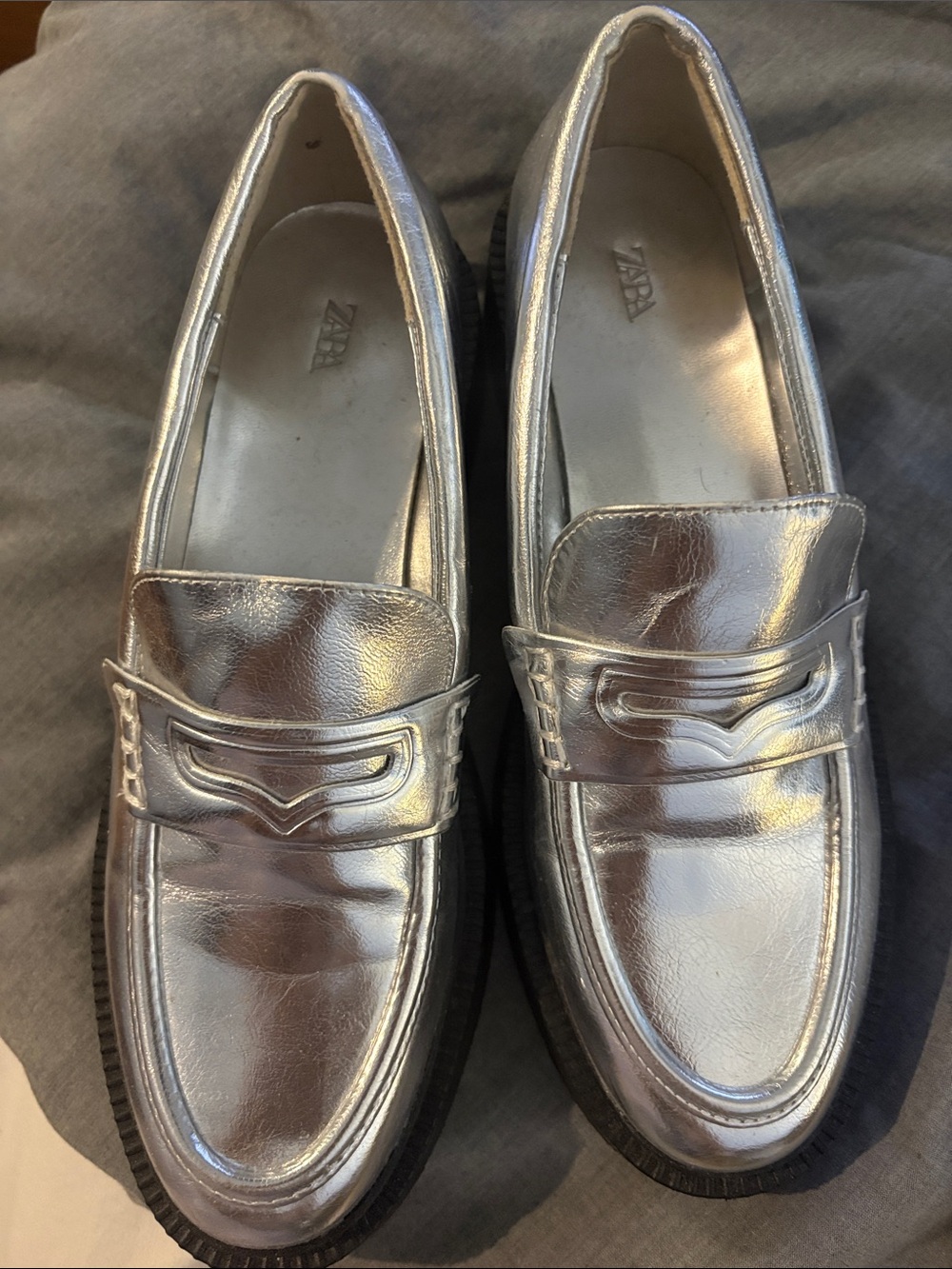 Zara Metallic Silver Penny Loafers for women